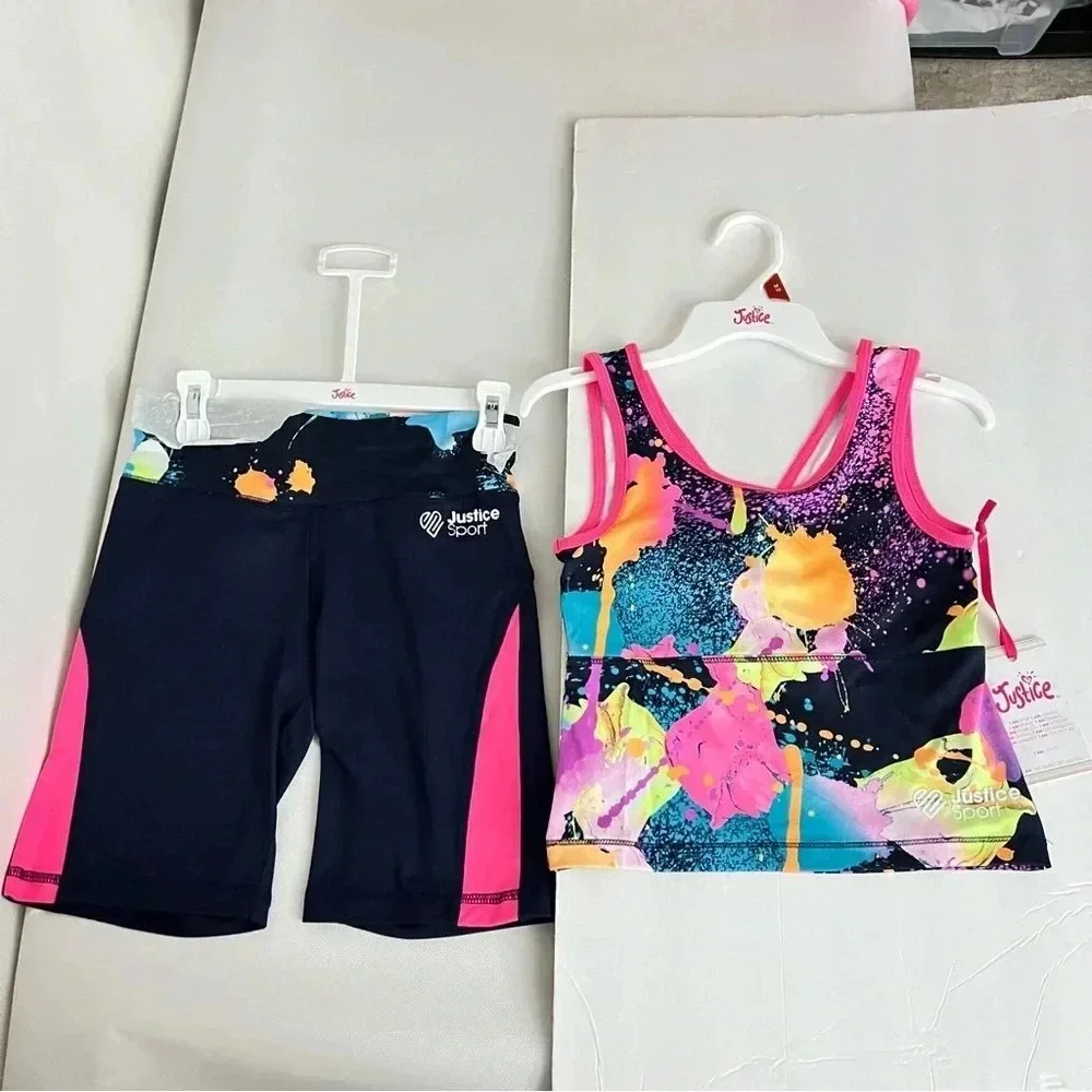 Justice Girls J-Sport Longline & Bike Short Active Outfit Set Sz Medium (10)